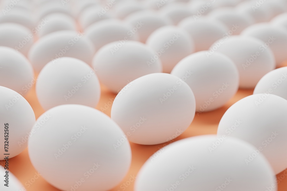 Many white eggs on coral background. Closeup view, macro shot, selective focuscloseup shot. 3d render, illustration Many white eggs on coral background. Closeup view, macro shot, selective focuscloseup shot. 3d render, illustration