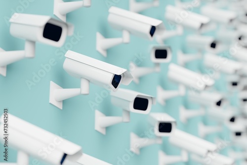 Many cctv on cadet blue background. cameras looking in different directions. 3d render, illustration