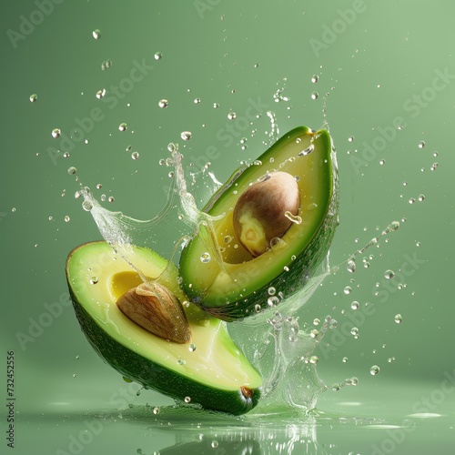 Fresh avocado cut into slices and mint leaves with water drops splash on a green background, Healthy food concept. photo