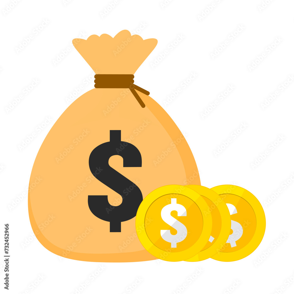Vector illustration of money bag with gold dollar coins isolated on white background. Suitable for business, finance, payment and wealth icons. Vector illustration of money bag with gold dollar coins isolated on white background. Suitable for business, finance, payment and wealth icons.