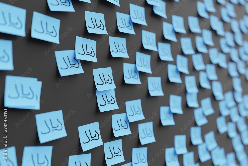 Many blue stickers on black board background with symbol of Oman rial drawn on them. Closeup view with narrow depth of field and selective focus. 3d render, illustration