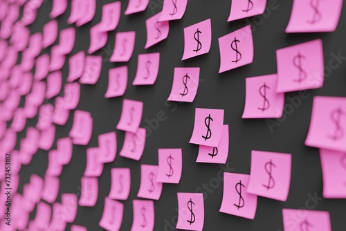 Many pink stickers on black board background with symbol of Guyana dollar drawn on them. Closeup view with narrow depth of field and selective focus. 3d render  illustration