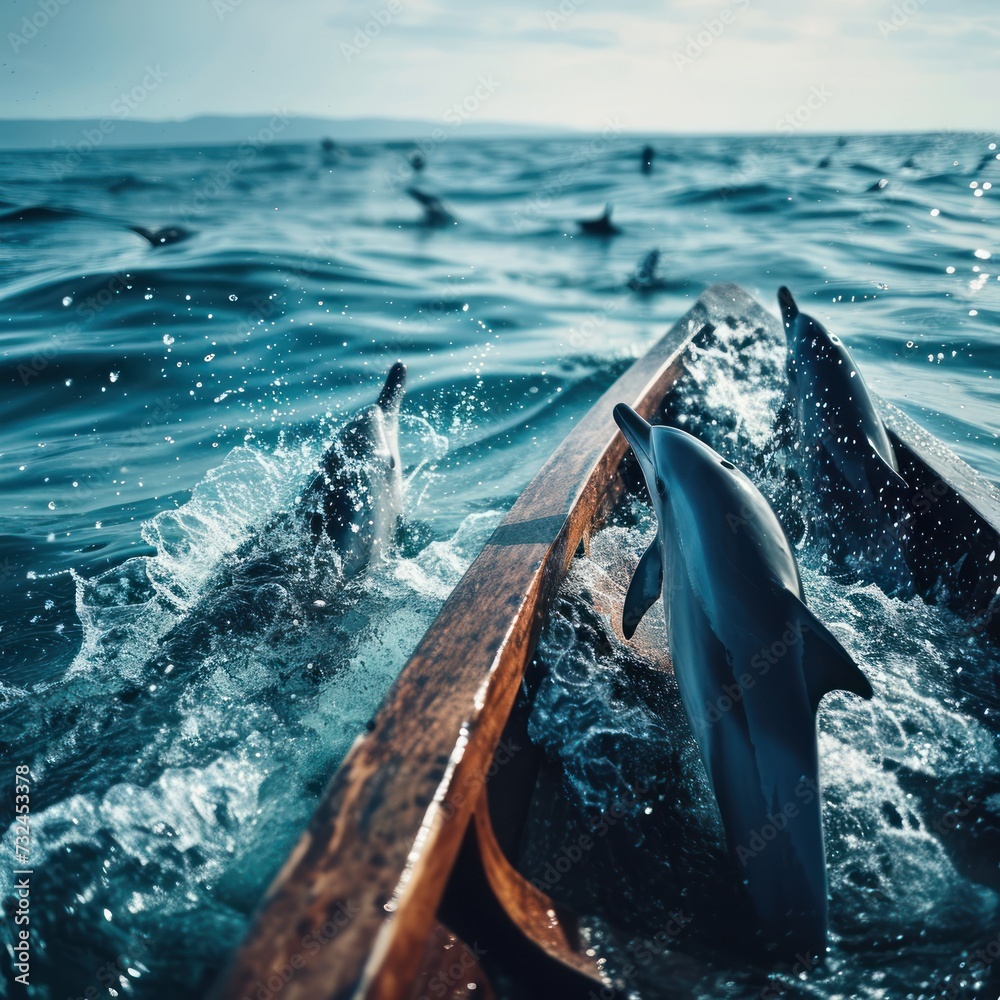 Fototapeta premium A group of dolphins approaching humans while on a wooden boat, the beauty of the natural area is stunning to the eye, good for blogs, business, advertising, traveling, etc. Generative Ai