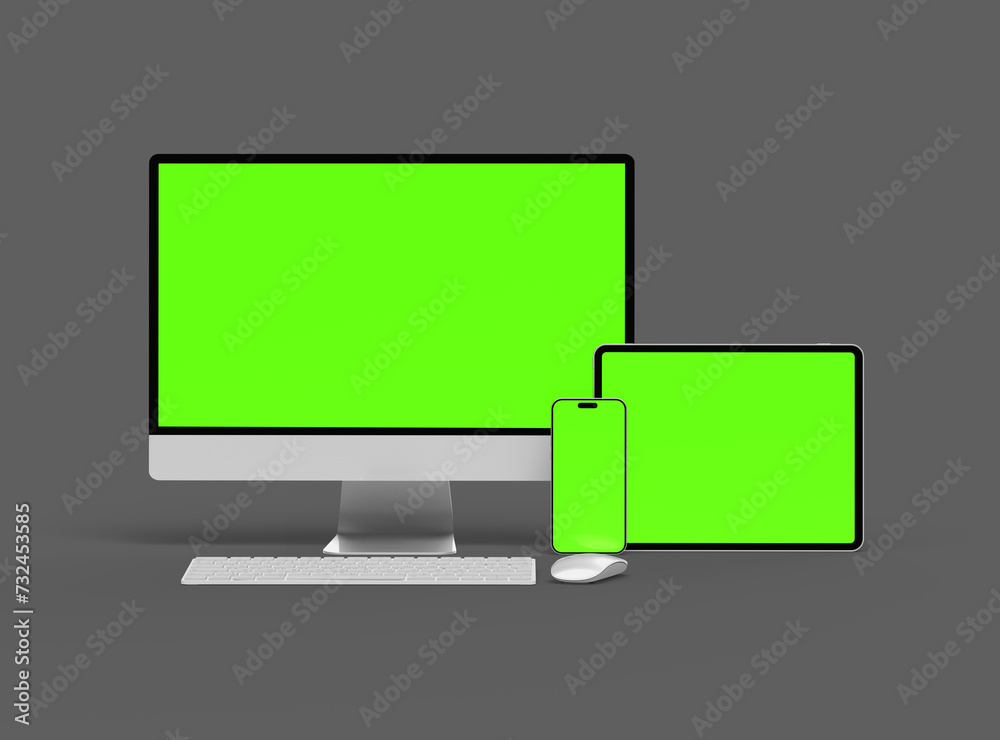 3D Render of smartphone tablet desktop with green screens on a dark background 3D Render of smartphone tablet desktop with green screens on a dark background