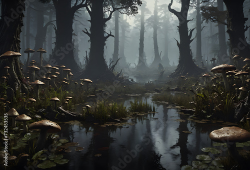 Gloomy swamp with mushrooms © Pano