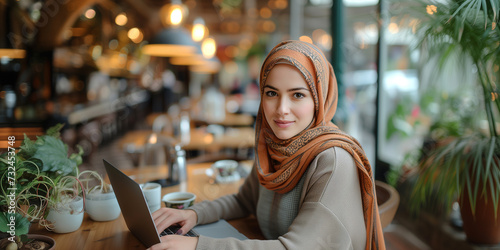 Woman in Hijab : Professional Young Woman in Hijab Working on Laptop at a Cafe. Modern Work Lifestyle.
