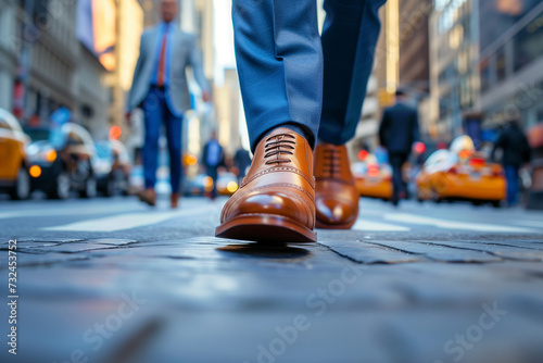 Rush Hour : Busy Urban Professionals business mens Walking on City Street During Rush Hour. Low Angle View of Businesspeople's Shoes in Motion, Business District Concept