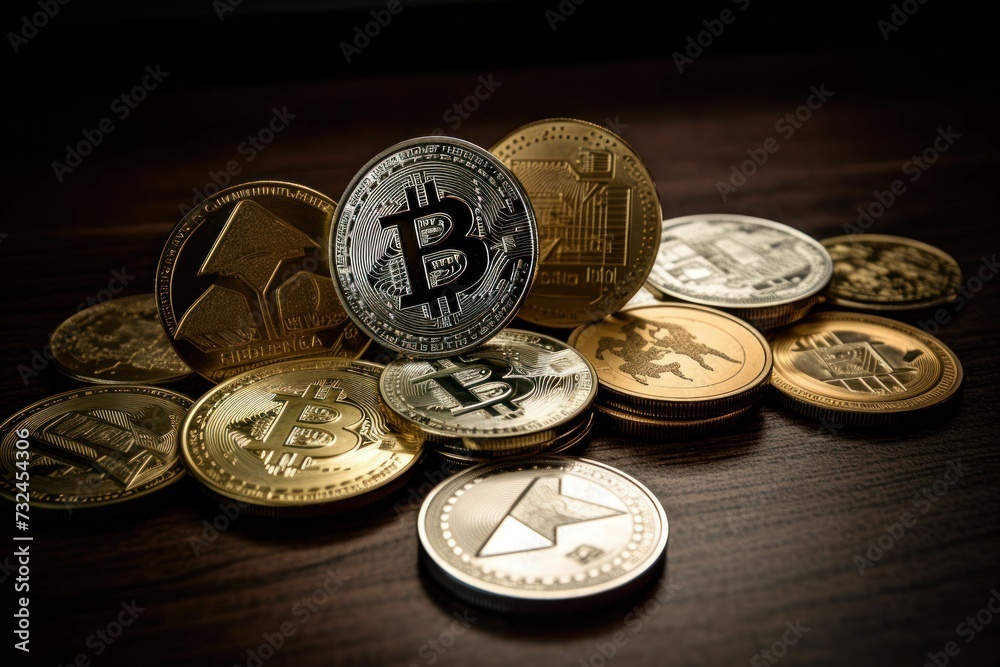 AI generated illustration of bitcoin on other cryptocurrency coins on a wooden table AI generated illustration of bitcoin on other cryptocurrency coins on a wooden table