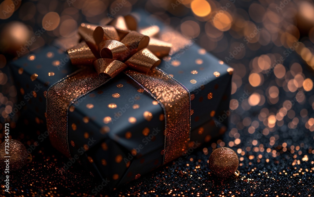 Golden Gift Wrapped in Black: A Holiday Present with a Pop of Orange Generative AI