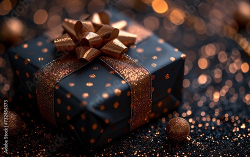 Obraz na płótnie Golden Gift Wrapped in Black: A Holiday Present with a Pop of Orange Generative AI w salonie