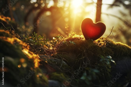 A heart in the forest in the spring morning sun. A sign that love is all around us. Sunlight and sunrays in background.