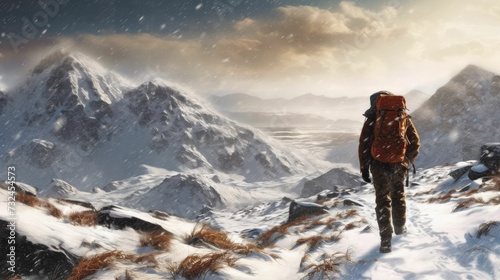 AI generated illustration of a male trekker walking across a wintery landscape