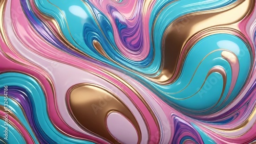 Composizioni astratte e luccicanti con una fusione fluida di colori metallici e sfere riflettenti. photo