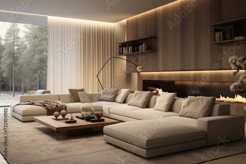 Modern, rich, elite living room interior. Light, beige color scheme. 3D rendering