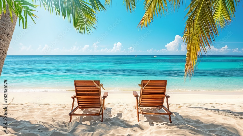 A stunning beach with chairs by the water. A tourist idea for a summer vacation and summer getaway. A motivating tropical setting.