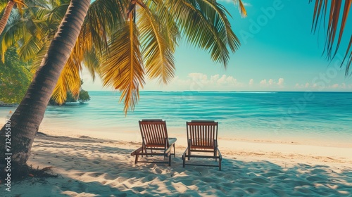 A stunning beach with chairs by the water. A tourist idea for a summer vacation and summer getaway. A motivating tropical setting.
