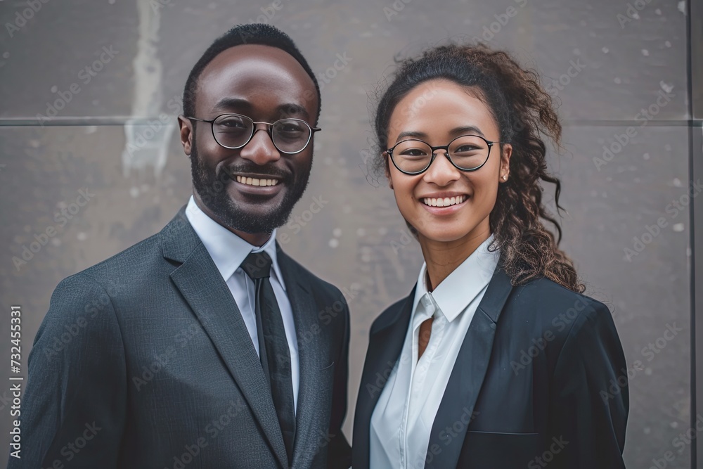 Professional portrait of male and female business duo standing together epitomizing essence of teamwork and collaboration in corporate world confident stance and smiles reflect successful partnership Professional portrait of male and female business duo standing together epitomizing essence of teamwork and collaboration in corporate world confident stance and smiles reflect successful partnership