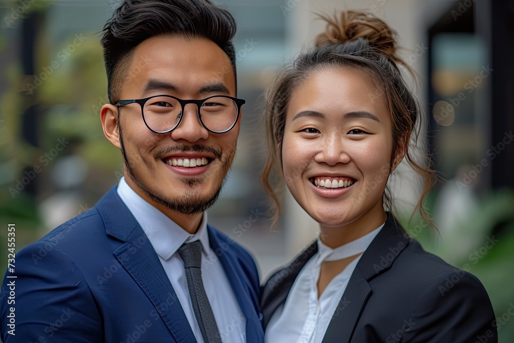 Professional portrait of male and female business duo standing together epitomizing essence of teamwork and collaboration in corporate world confident stance and smiles reflect successful partnership Professional portrait of male and female business duo standing together epitomizing essence of teamwork and collaboration in corporate world confident stance and smiles reflect successful partnership