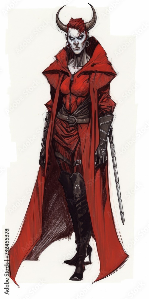 AI generated illustration of a female vampire ander with horns in a red coat