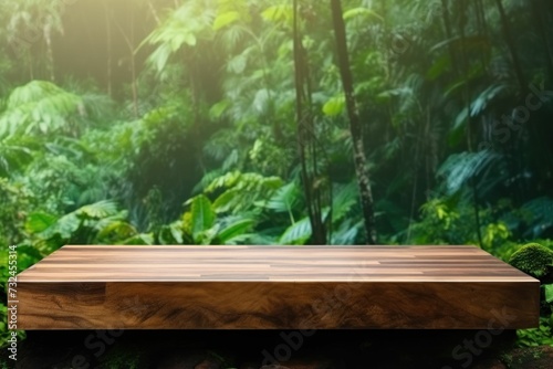 AI-generated illustration of a wooden bench in a lush forest, surrounded by trees and native flora.