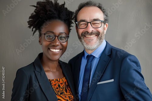 Professional portrait of male and female business duo standing together epitomizing essence of teamwork and collaboration in corporate world confident stance and smiles reflect successful partnership