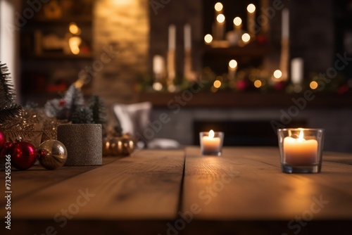 AI-generated illustration of a wooden table illuminated by Christmas lights and candles.