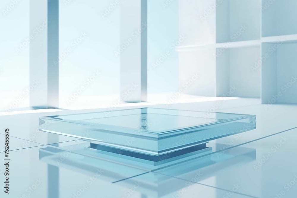 AI generated illustration of a glass display on a marble table in a white room AI generated illustration of a glass display on a marble table in a white room