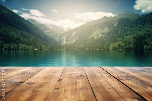 AI generated illustration of a wooden dock on a shoreline against green mountains