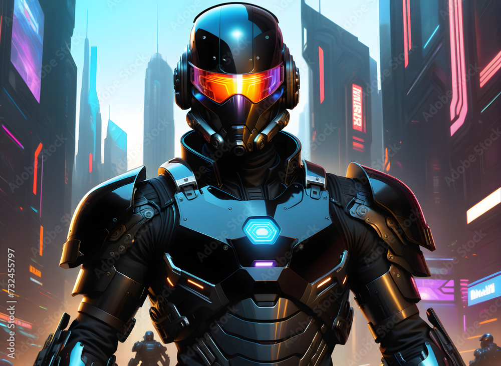 Close-up of science fiction combat suit with helmet 