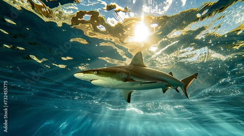 Underwater, sunshine, Atlantic Ocean, Caribbean, Bahamas, Central America; blacktip shark (Carcharhinus limbatus). photo