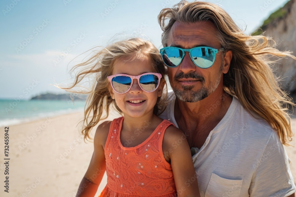 portrait of a happy father and daughter wearing sunglasses	
