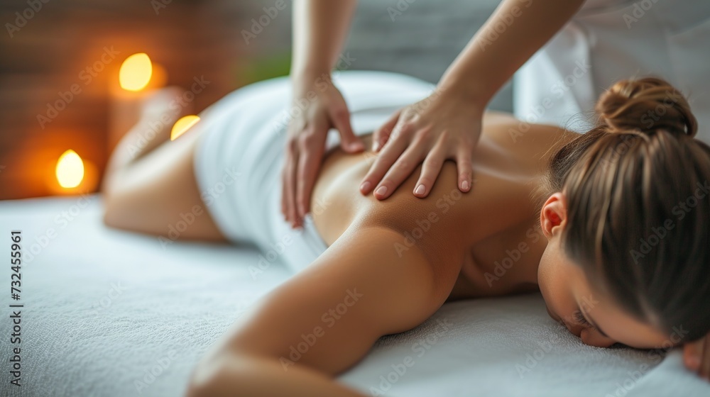 Obraz premium Bodywork: A woman receiving bodywork in a spa. A masseuse massaging his back.