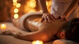 Bodywork: A woman receiving bodywork in a spa. A masseuse massaging his back.
