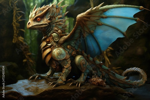 AI generated illustration of a mythical dragon with its wings outstretched © Wirestock