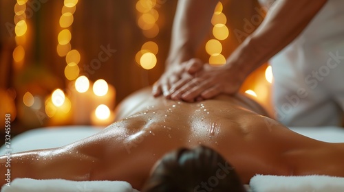 Bodywork  A woman receiving bodywork in a spa. A masseuse massaging his back.