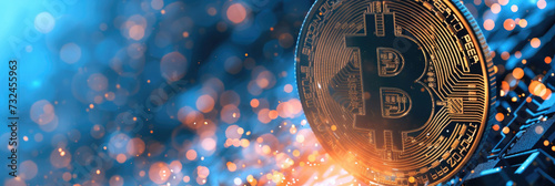 big bitcoin, gold coin, cryptocurrency on abstract blue background with orange glow with bokeh photo