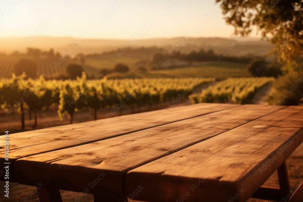 Wooden bench in the foreground overlooking a vineyard at sunset, AI-generated. Wooden bench in the foreground overlooking a vineyard at sunset, AI-generated.