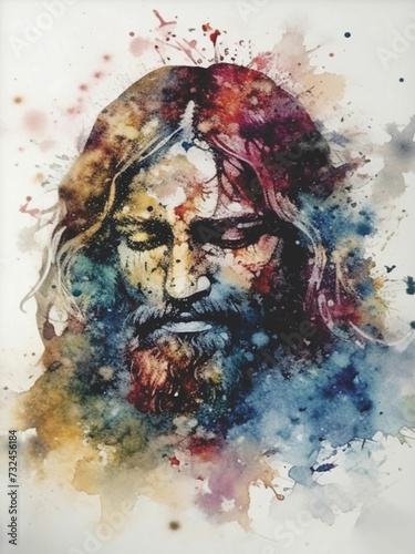 AI generated illustration of the face of Jesus, painted in vivid and vibrant watercolors on a canvas