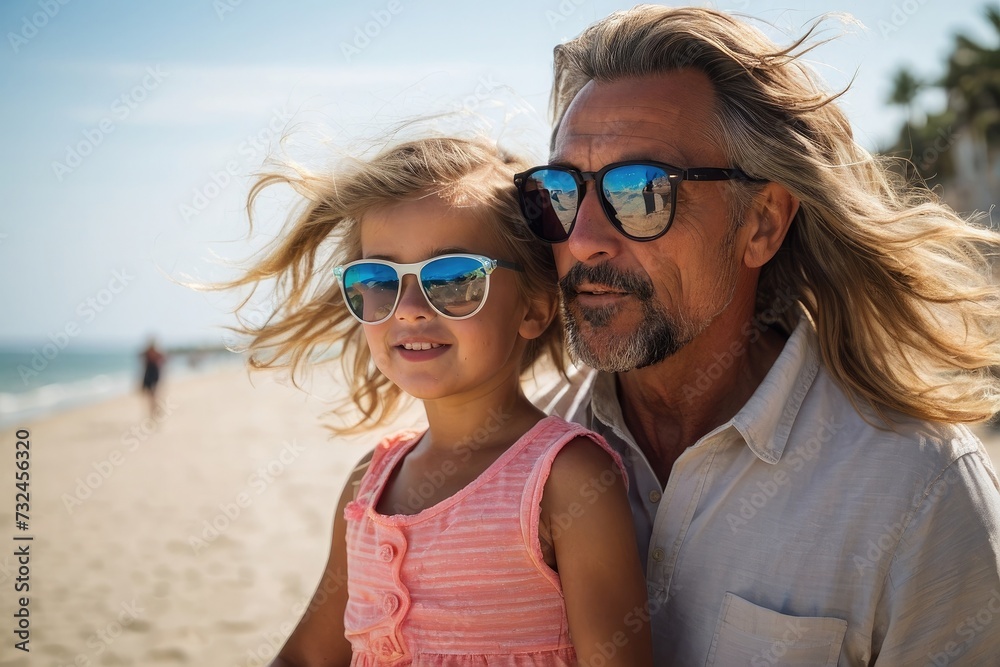 Beach Bliss Exciting Family Father and Daughter in sunglass, enjoying walk along beach	
