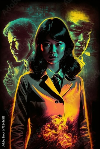 An Asian woman flanked by Asian Males in a futuristic noir style