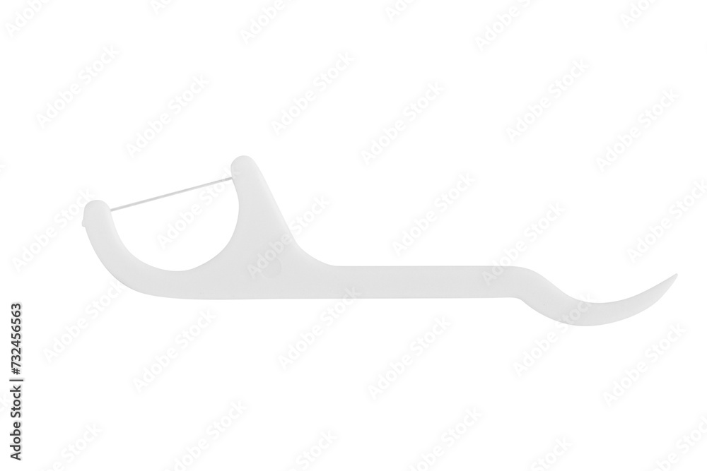 Naklejka premium Disposable toothpick with dental floss on a plastic base on a blank background.