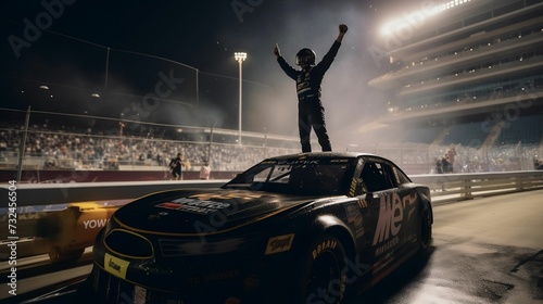 AI generated illustration of a man standing atop a race car and celebrating his victory photo