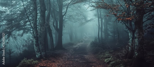 A mist-covered path winds through a dense forest of tall trees, with fallen leaves and twigs scattering the ground amidst the natural landscape.