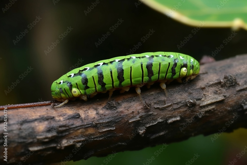 an adult cater is walking on a limb, showing the green body