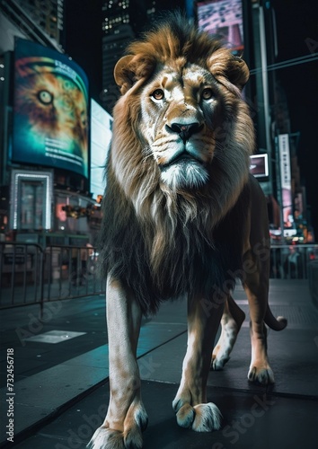 AI generated illustration of a powerful lion sauntering along a bustling city street