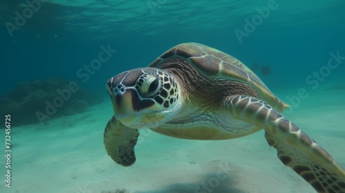 AI generated illustration of a turtle swimming in the crystal clear blue waters of the ocean © Wirestock