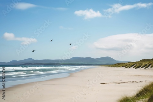 AI generated illustration of a beachfront by the Pacific ocean, Ireland with seagulls flying in sky