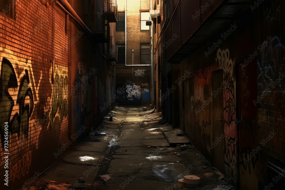 AI generated illustration of a narrow alleyway with graffiti-covered walls