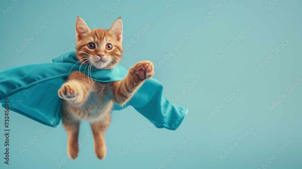 Fototapeta premium Superhero cat, Cute orange tabby kitty with a blue cloak jumping and flying on light blue background with copy space. The concept of a superhero, super cat, leader, funny animal studio shot. 