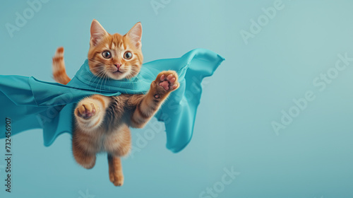 Superhero cat, Cute orange tabby kitty with a blue cloak jumping and flying on light blue background with copy space. The concept of a superhero, super cat, leader, funny animal studio shot.  © VISIONARTIST